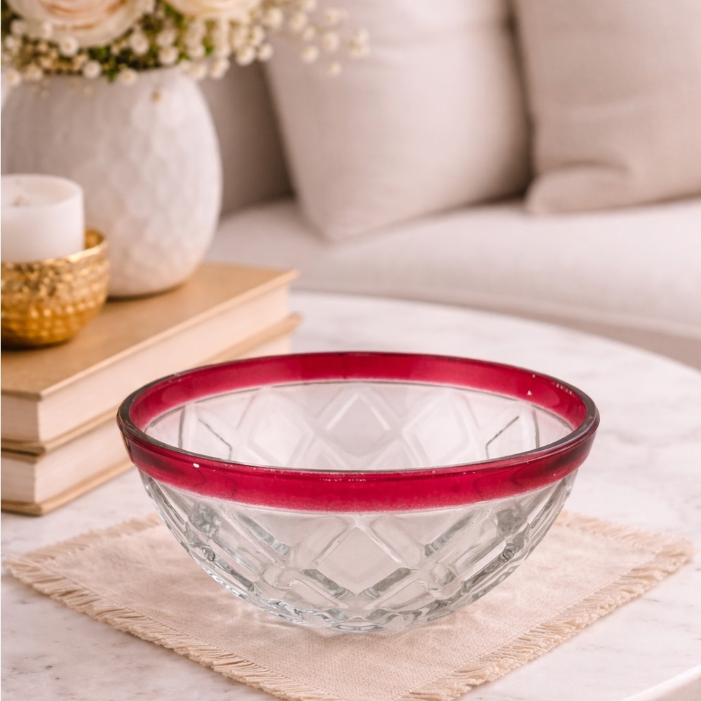 Vintage, Geometric Lattice Ruby Flash Band Bowl/Compote by Indiana Glass